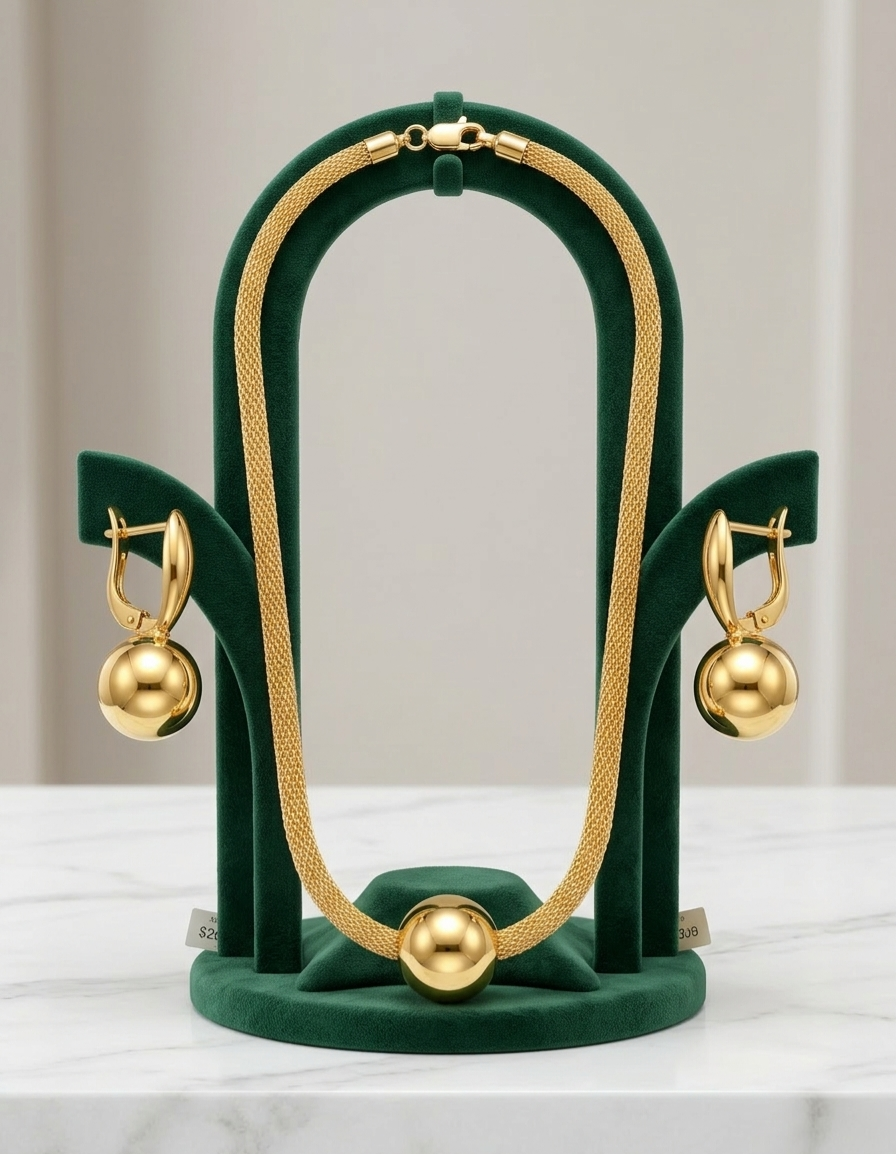 Long Lasting Yellow Gold Mesh Necklace Chain & Earrings Set - Round Ball Pendant