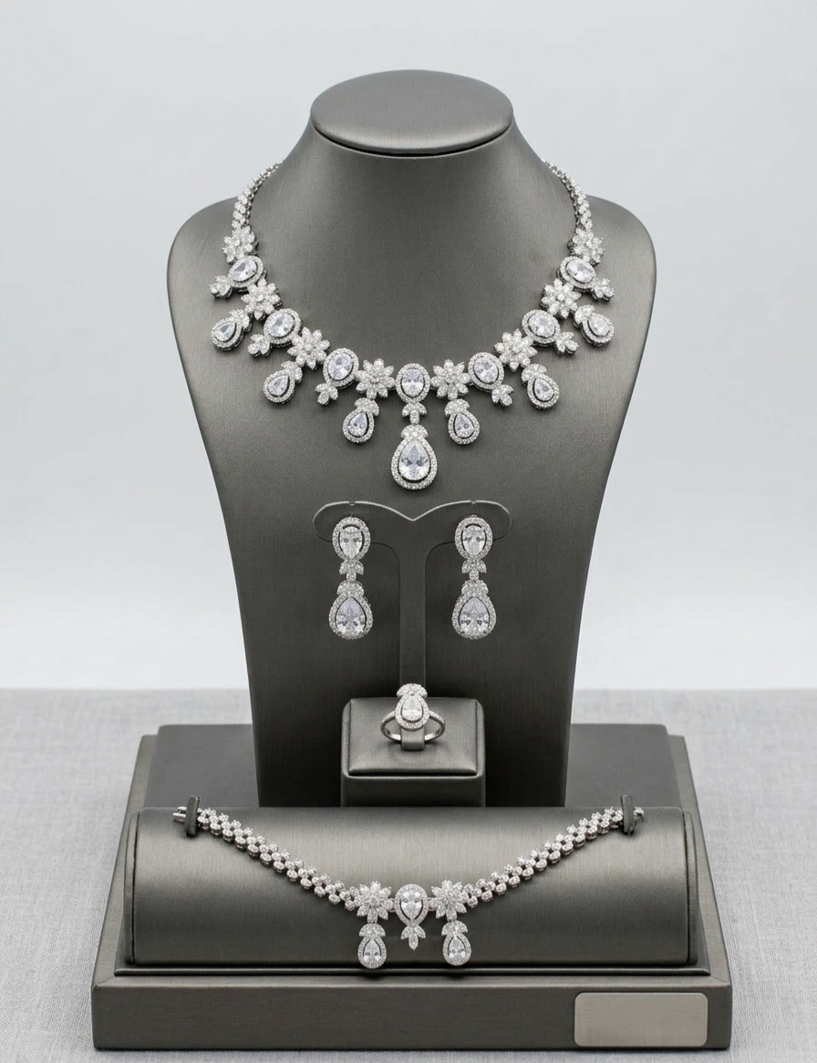 Luxury 4PC Bridal Jewelry Set – CZ Crystal Pear Cut Silver Tone Statement Set
