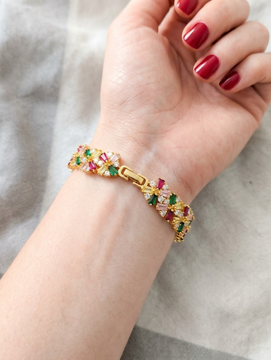Gold Multi-Color Gemstone Bracelet – Rainbow Baguette & Round CZ Tennis Bracelet