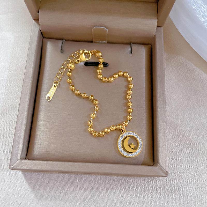 Gold Plated Stainless Steel Beaded Moon And Star Charm Bracelet for Women, Adjustable Dainty Bead Chain Bracelet, Elegant Butterfly Pendant Jewelry for Everyday Wear, Gifts for Women