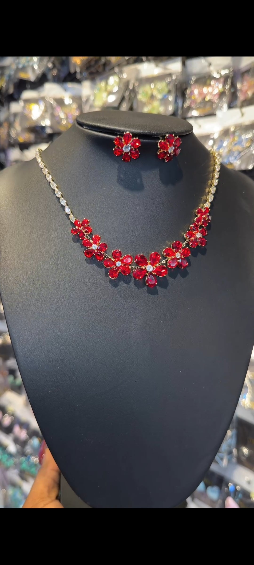 Bold Red Rhinestone Flower Necklace Earrings Set Crystal Floral Choker Bridal Prom Jewelry