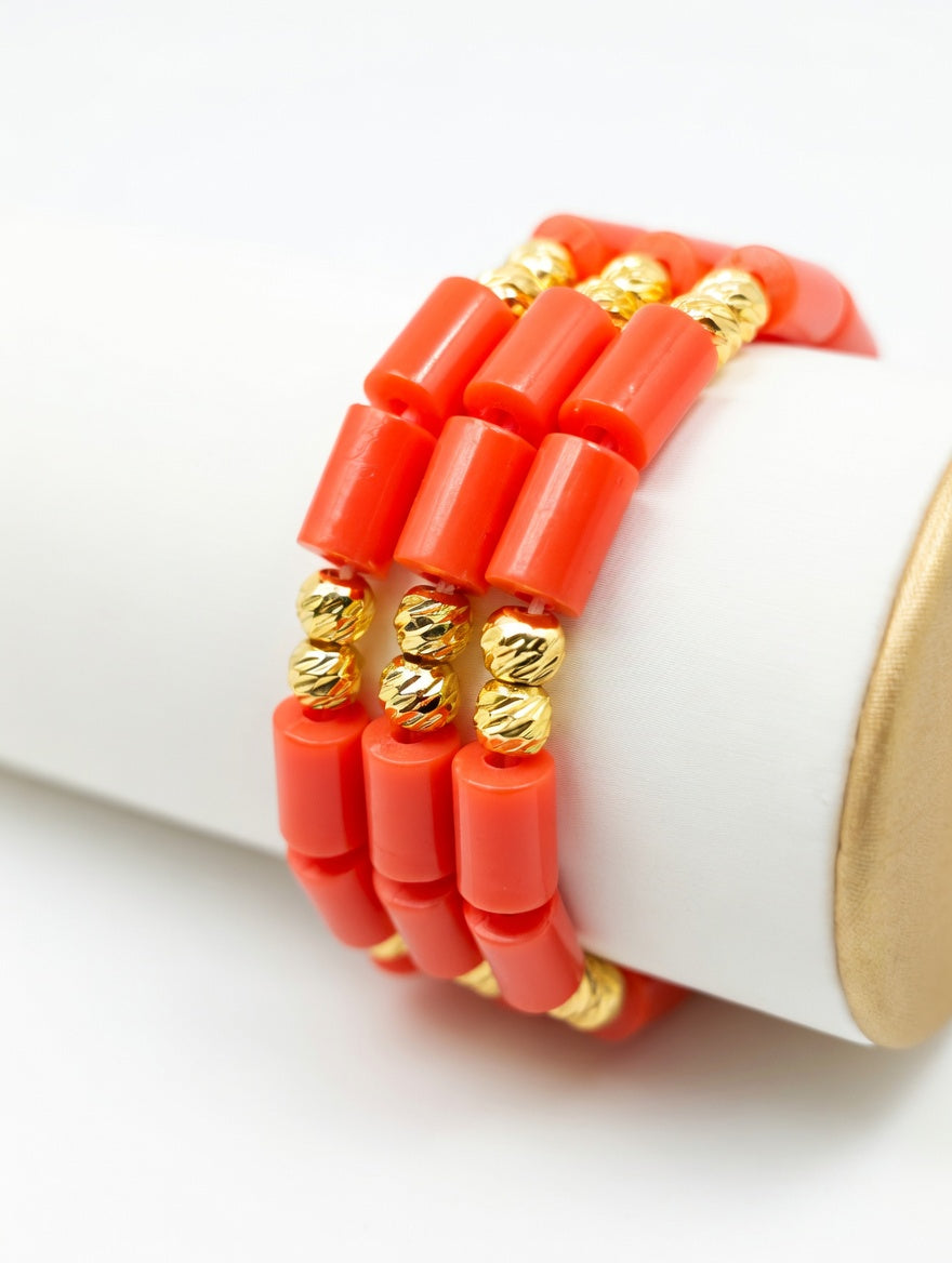 3 IN 1 CORAL BEADS WITH DIAMOND CUT GOLD FILLED BEADS BRACELETS
