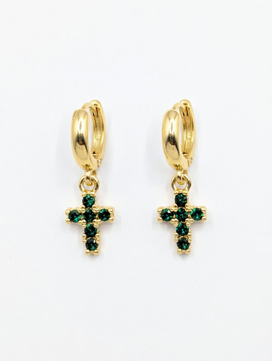 Dainty Cross Huggie Hoop Earrings for Women – 14K Gold Plated Boho Religious Dangle Earrings – Tiny Turquoise Stone Cross Charms for Cartilage and Lobe – Minimalist Spiritual Jewelry Gift