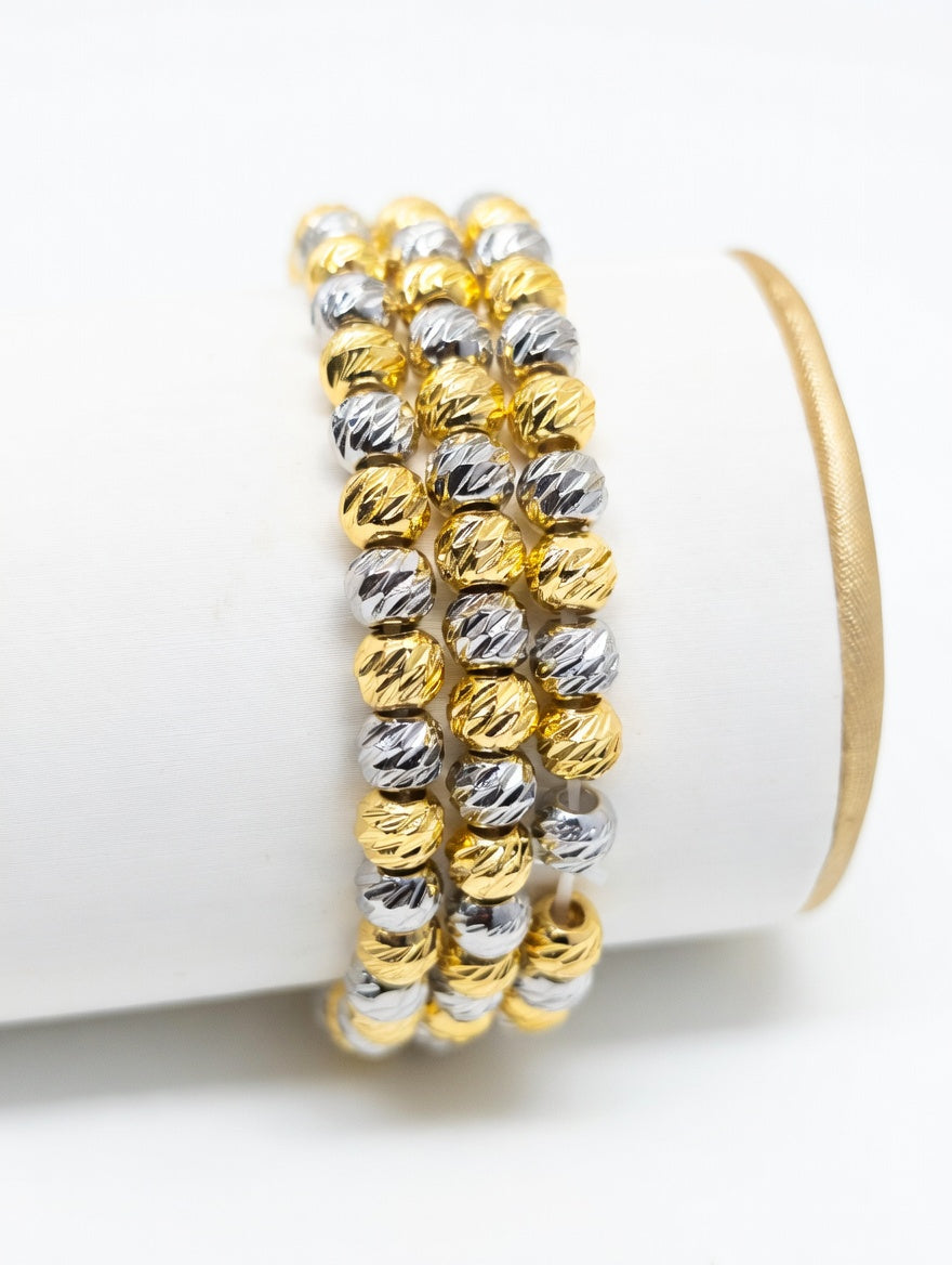 3 IN 1 TWO TONE DIAMOND CUT BEADED BRACELETS