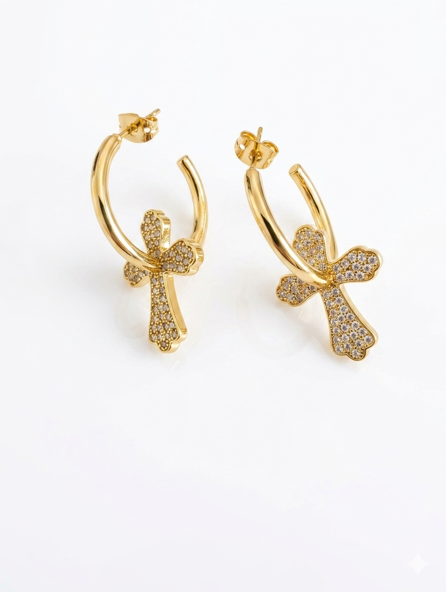 Dainty Iced-Out Cross Charm Hoop Earrings – 14K Gold & Silver Plated Premium Quality Statement Jewelry