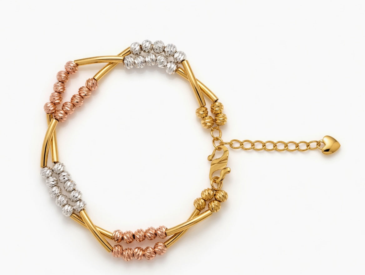 24K Gold Plated 2 In 1 Tri-Color Gold, Silver and Rose Gold Mixed Metal Beaded Bracelet with Heart Charm