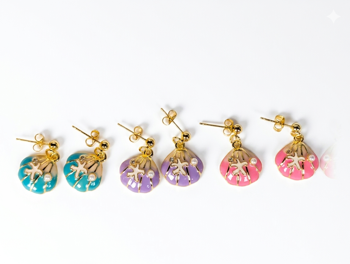 Dainty Pastel Seashell and Coral Gold Drop Stud Earrings - Set of 3 Pairs