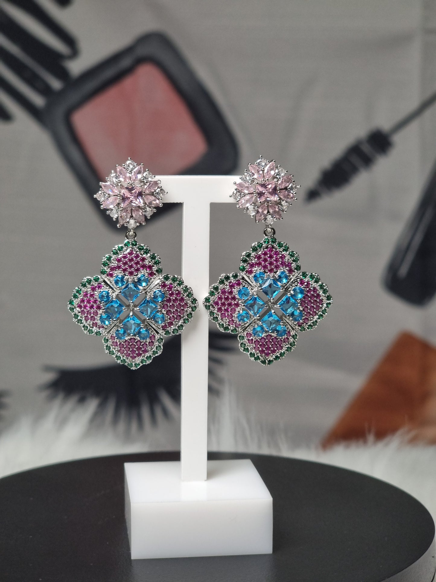 Luxury Multi-Color Crystal Drop Earrings for Women – Vibrant Pink, Blue, & Green Pavé Floral Chandelier Earrings – Statement Jewelry for Weddings, Galas, and Special Occasions