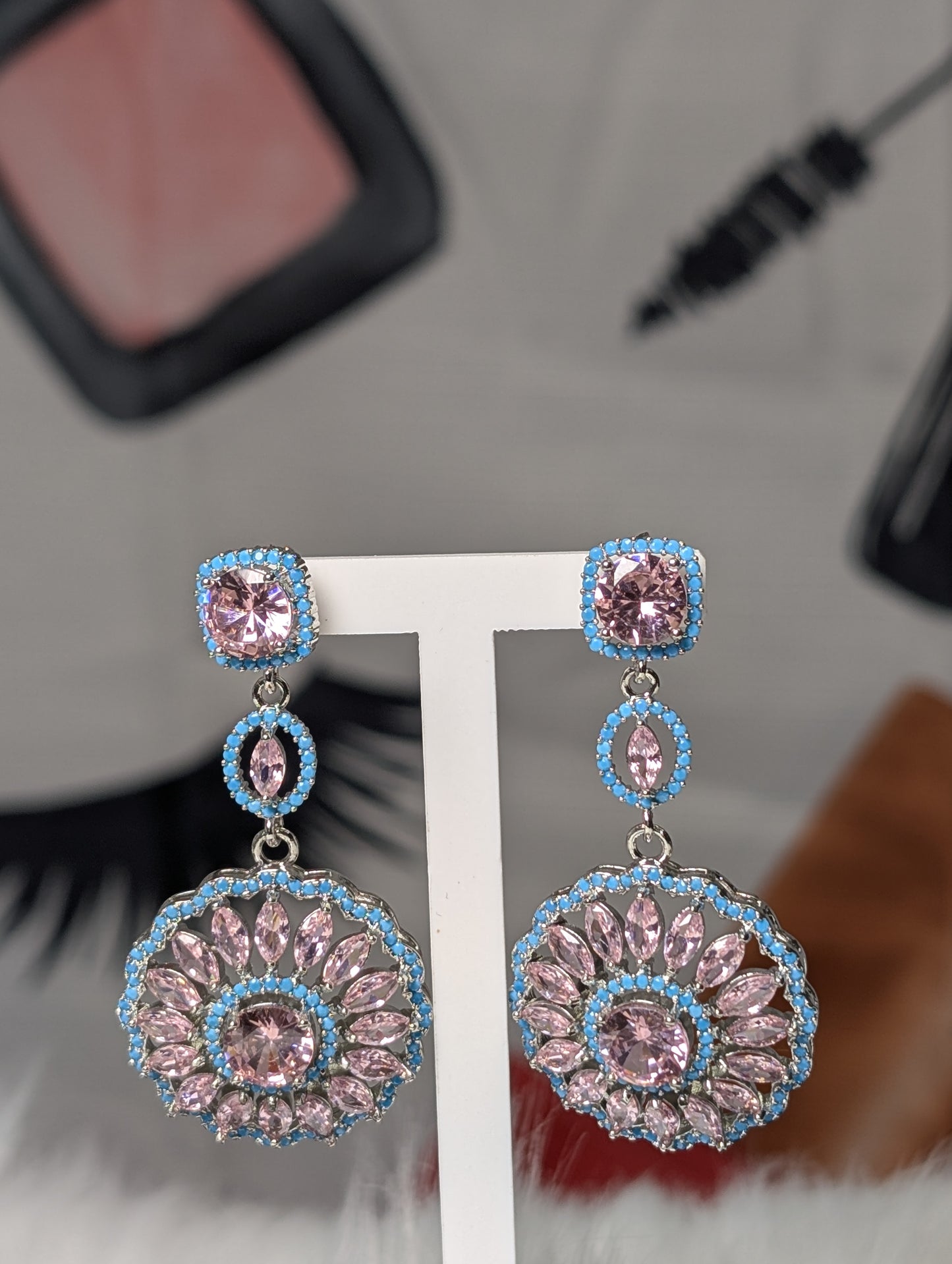 Elegant Pink & Turquoise Crystal Mandala Drop Earrings – Floral Sunburst Chandelier Earrings for Women – Bohemian Sparkle Statement Jewelry for Weddings, Parties, and Gifts