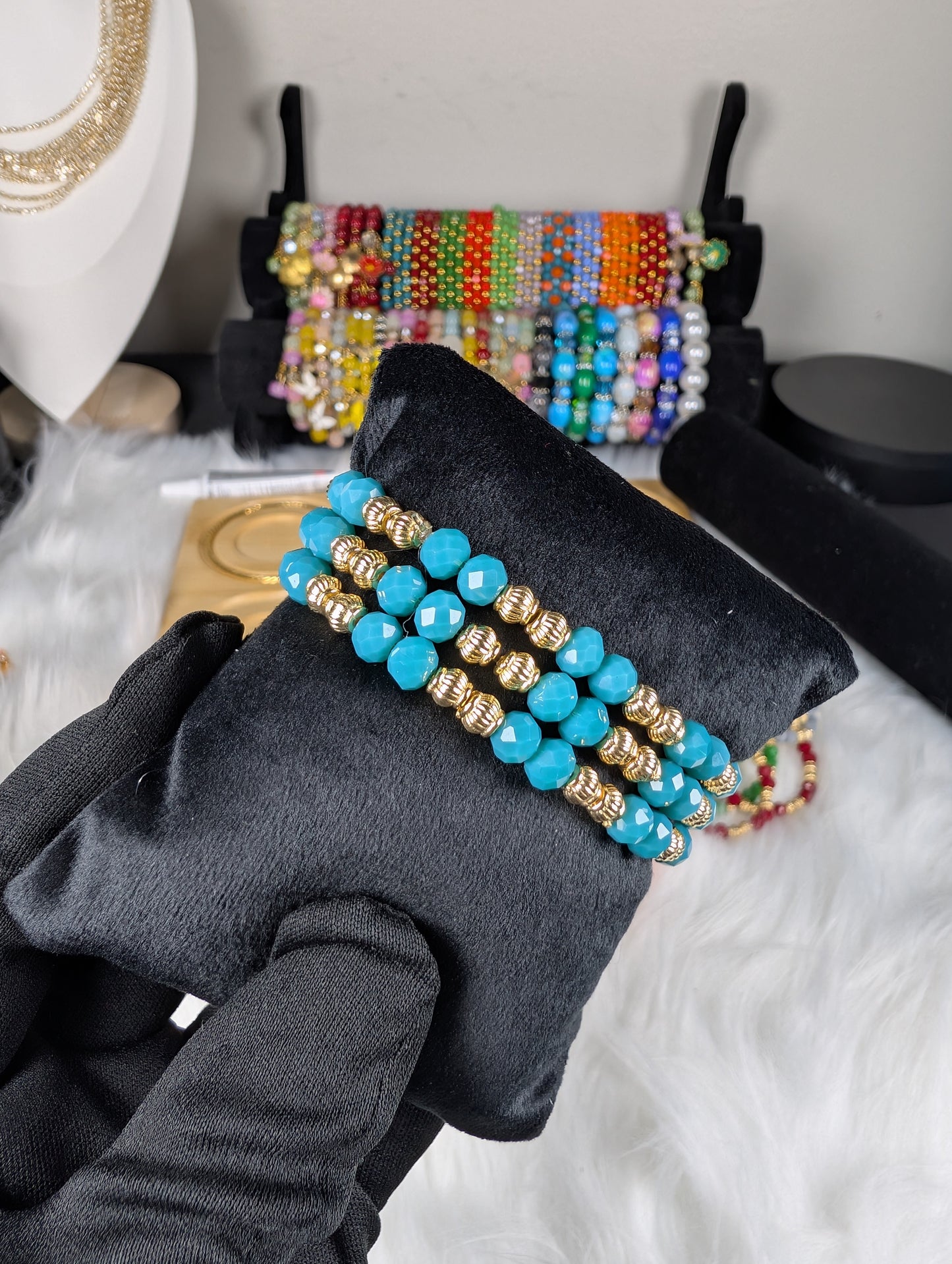 3 IN 1 Colorful Crystal Beaded Stretch Bracelet Set for Women – Gold Accent Stackable Bracelets, Fashion Jewelry Gift