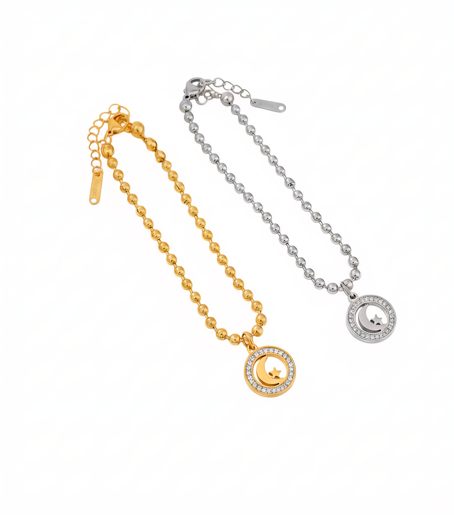 Gold Plated Stainless Steel Beaded Moon And Star Charm Bracelet for Women, Adjustable Dainty Bead Chain Bracelet, Elegant Butterfly Pendant Jewelry for Everyday Wear, Gifts for Women