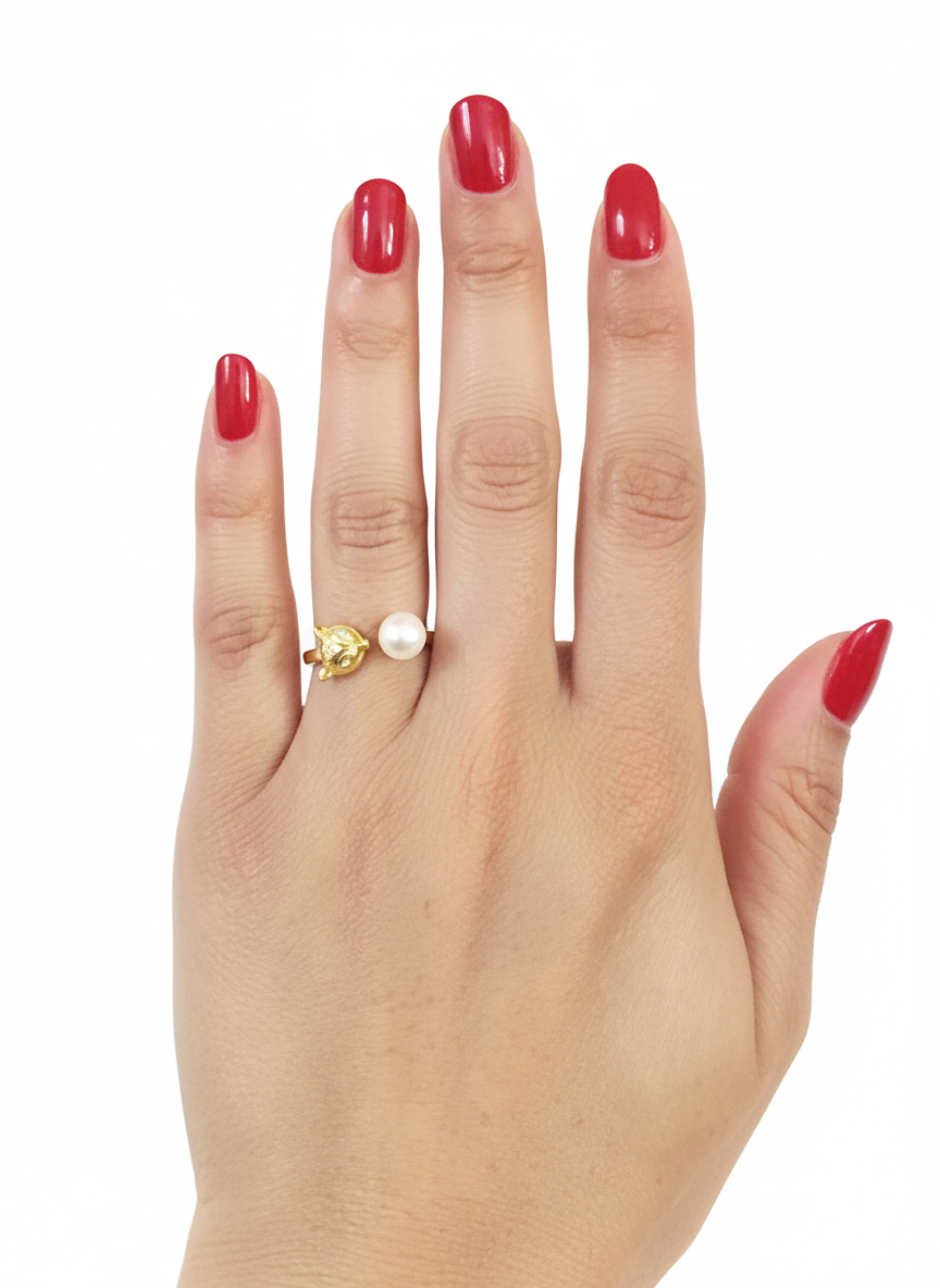 Gold Fox Head Ring with Pave Crystals and Pearl | Animal Motif Jewelry
