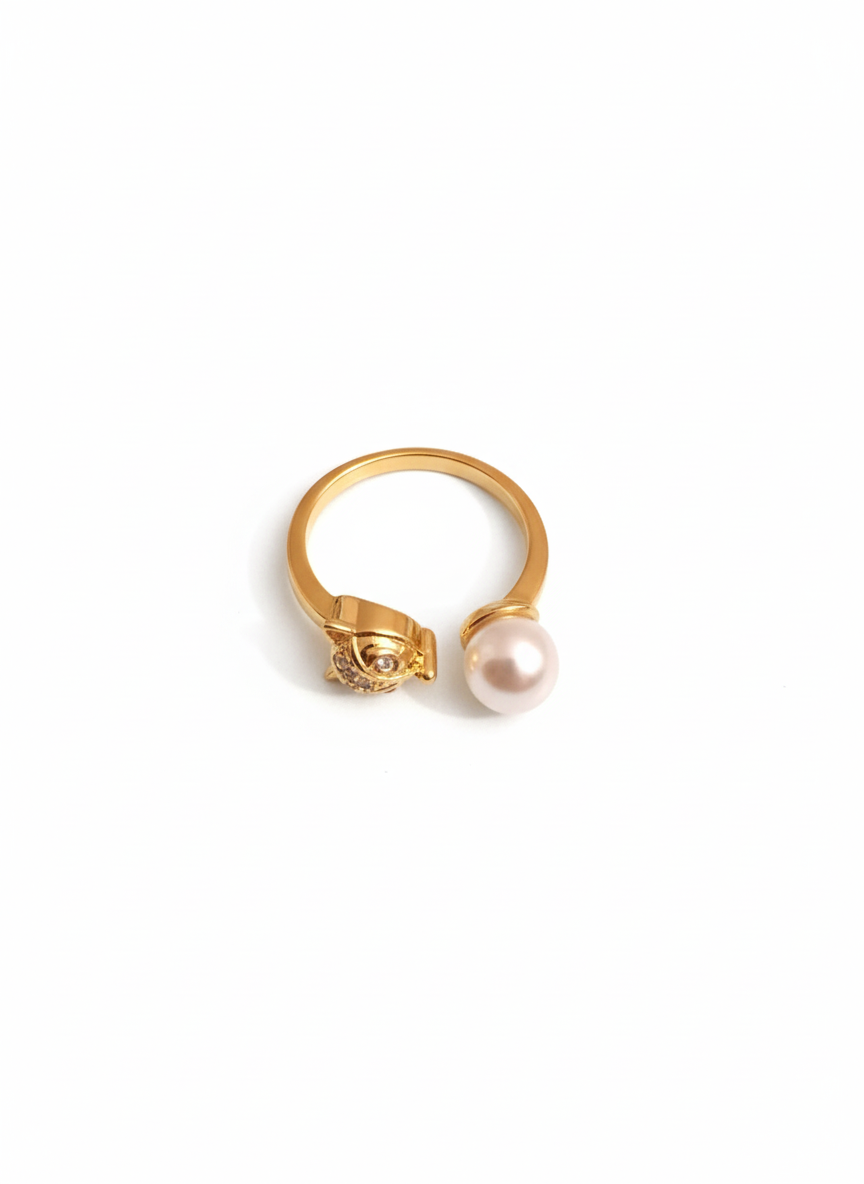 Gold Fox Head Ring with Pave Crystals and Pearl | Animal Motif Jewelry