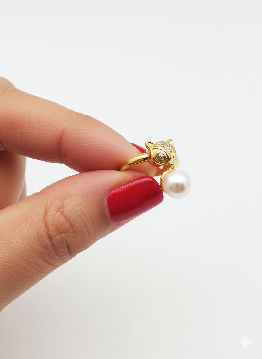 Gold Fox Head Ring with Pave Crystals and Pearl | Animal Motif Jewelry