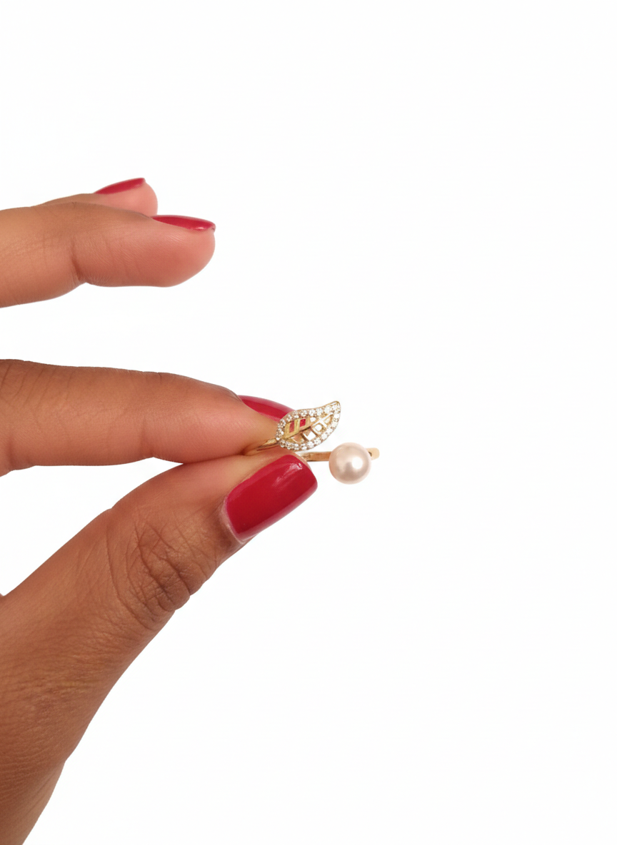 Gold Leaf and Pearl Bypass Ring | Adjustable Open Wrap | Nature Inspired Jewelry