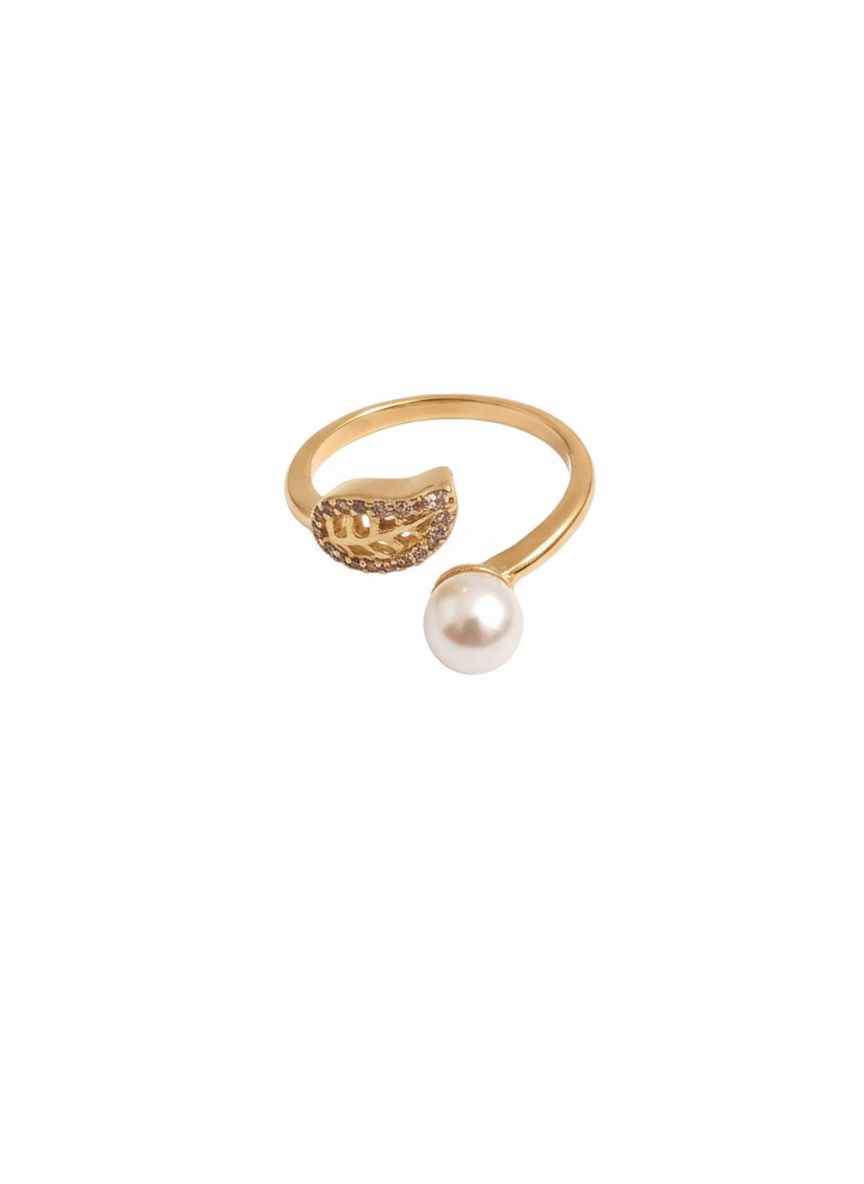 Gold Leaf and Pearl Bypass Ring | Adjustable Open Wrap | Nature Inspired Jewelry
