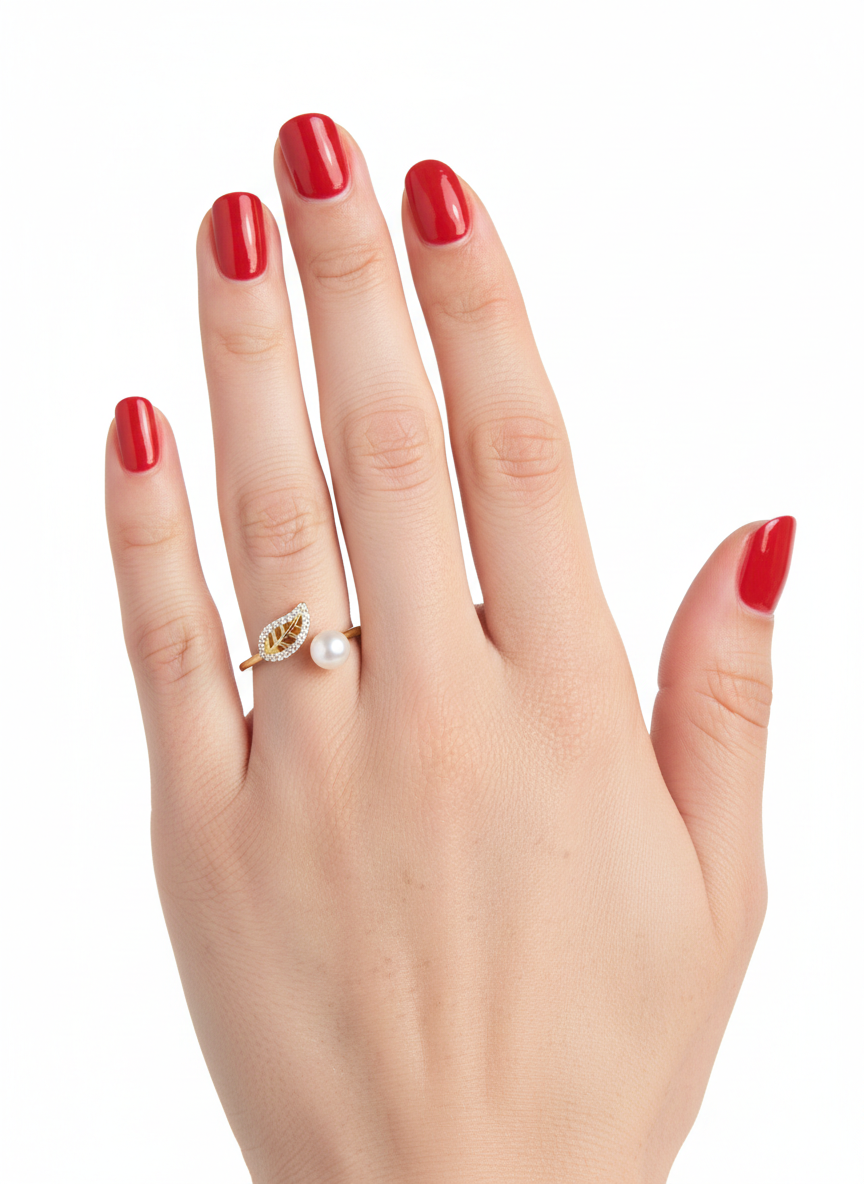 Gold Leaf and Pearl Bypass Ring | Adjustable Open Wrap | Nature Inspired Jewelry