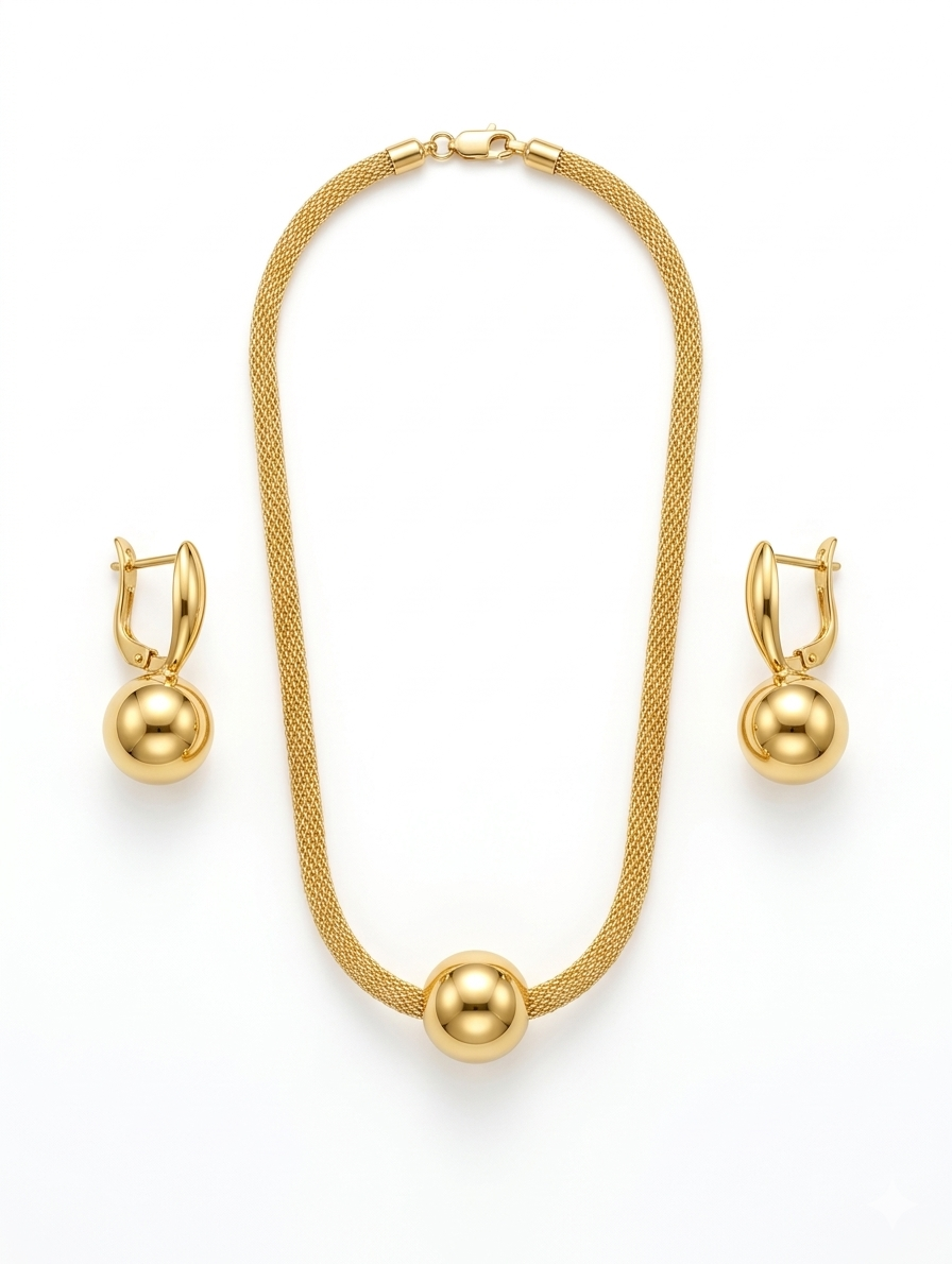 Long Lasting Yellow Gold Mesh Necklace Chain & Earrings Set - Round Ball Pendant