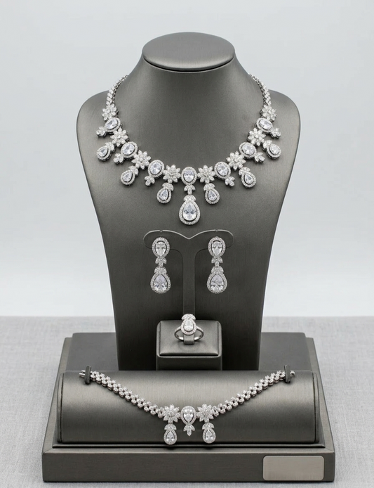 Luxury 4PC Bridal Jewelry Set – CZ Crystal Pear Cut Silver Tone Statement Set
