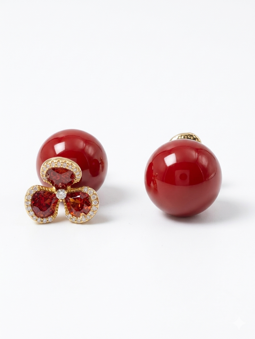 Double-Sided Red Pearl & Crystal Clover Stud Earrings for Women – Reversible Front Back Earrings with Red Gemstones, Elegant Statement Fashion Jewelry Gift