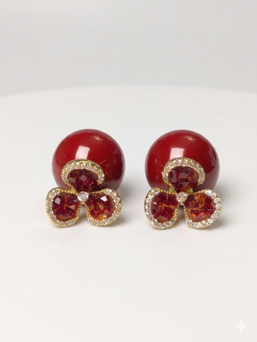 Double-Sided Red Pearl & Crystal Clover Stud Earrings for Women – Reversible Front Back Earrings with Red Gemstones, Elegant Statement Fashion Jewelry Gift