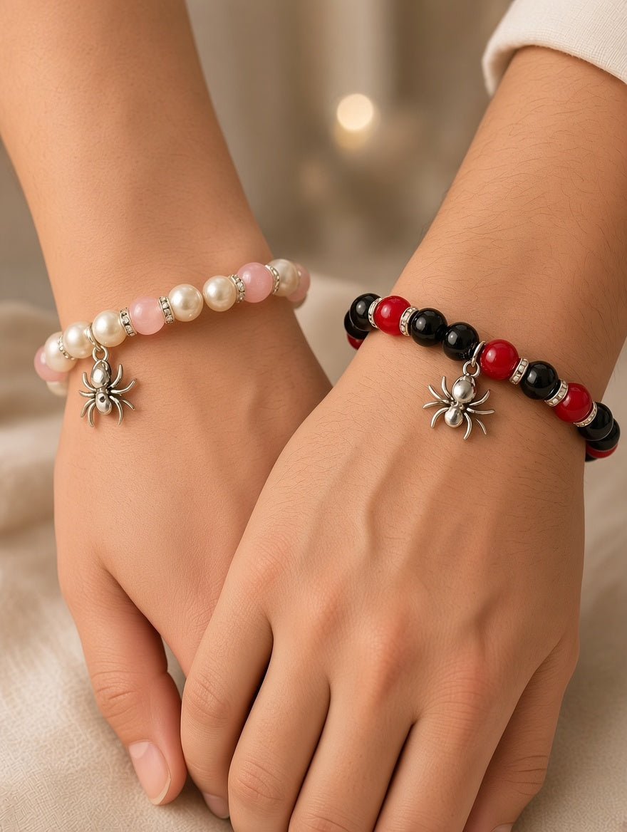 Matching Couple’s Spider Charm Stretch Bracelets For Halloween
