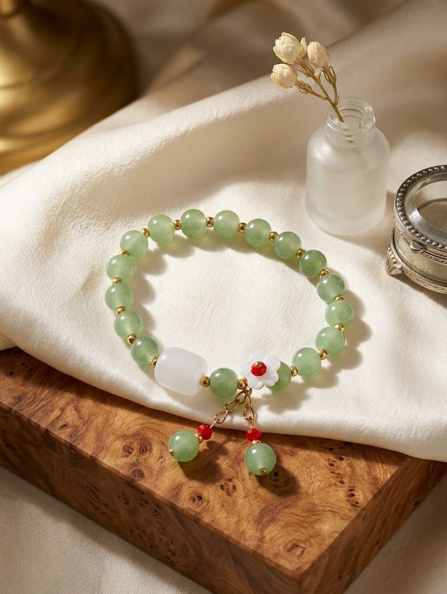 Handcrafted Green Jade & White Agate Bead Bracelet with Floral Charm & Tassels – Elegant Oriental Gemstone Jewelry