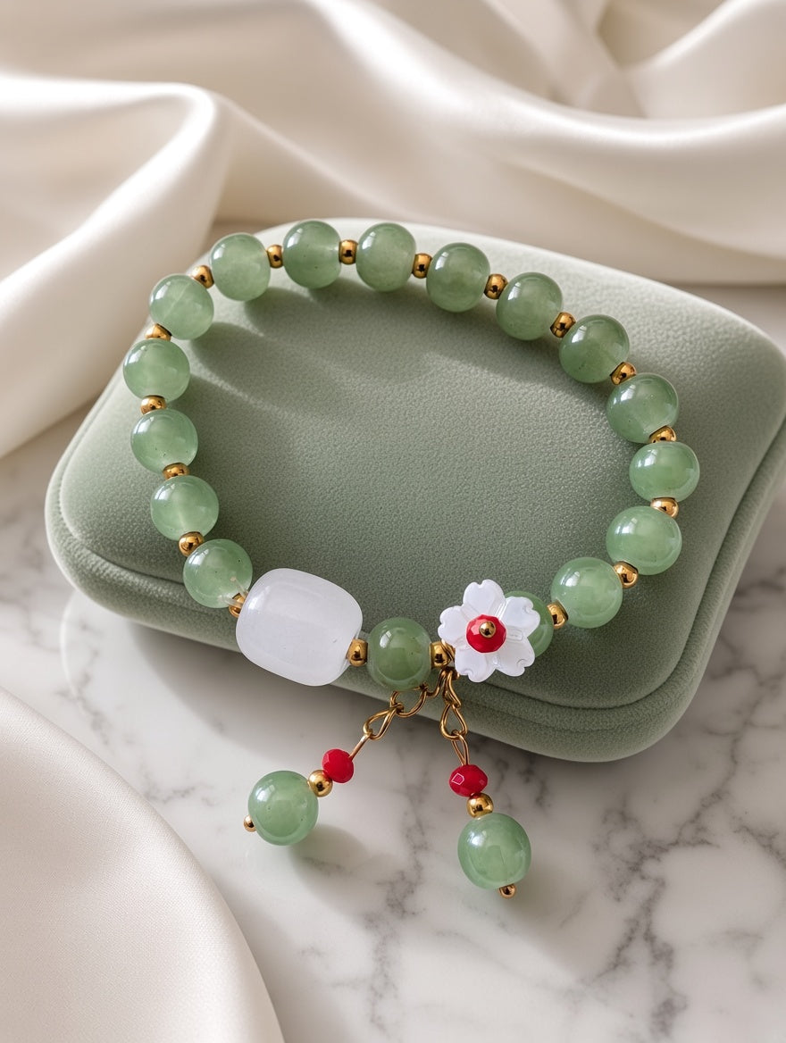 Handcrafted Green Jade & White Agate Bead Bracelet with Floral Charm & Tassels – Elegant Oriental Gemstone Jewelry