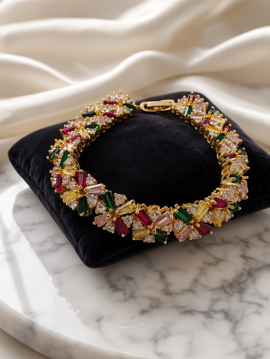 Gold Multi-Color Gemstone Bracelet – Rainbow Baguette & Round CZ Tennis Bracelet
