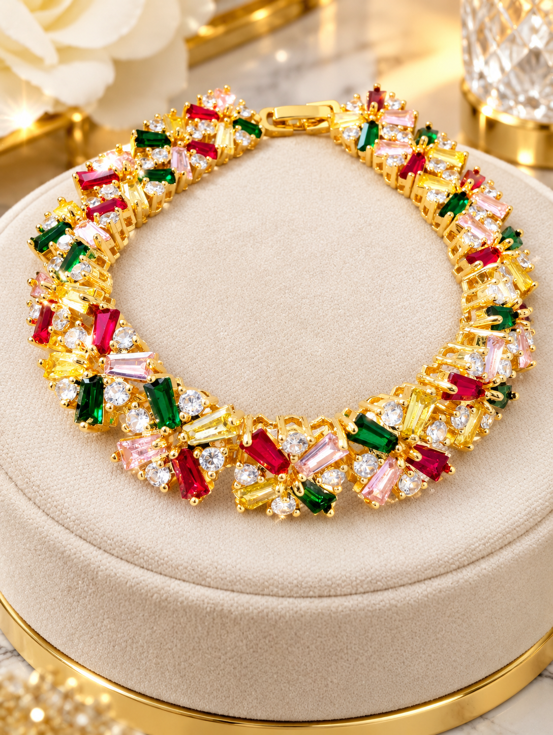 Gold Multi-Color Gemstone Bracelet – Rainbow Baguette & Round CZ Tennis Bracelet