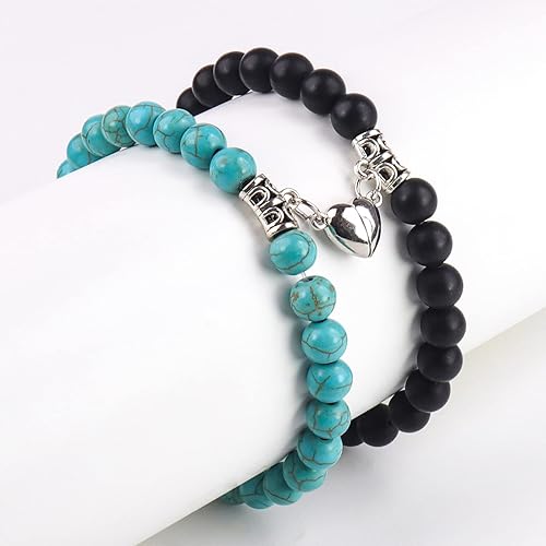 2Pcs Matching Couple Bracelets for Women Men Heart Charm and Glow in the Dark Bead for Boyfriend Girlfriend Mother Daughter Son Farther Siblings Stretch