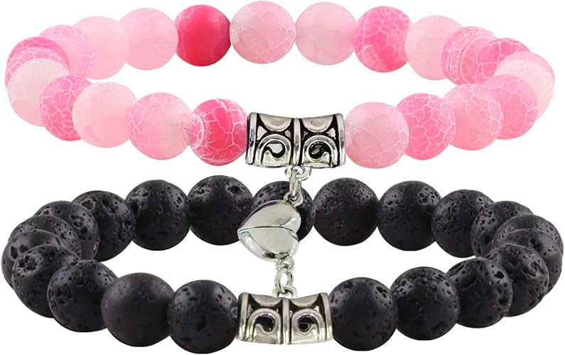 2Pcs Matching Couple Bracelets for Women Men Heart Charm and Glow in the Dark Bead for Boyfriend Girlfriend Mother Daughter Son Farther Siblings Stretch