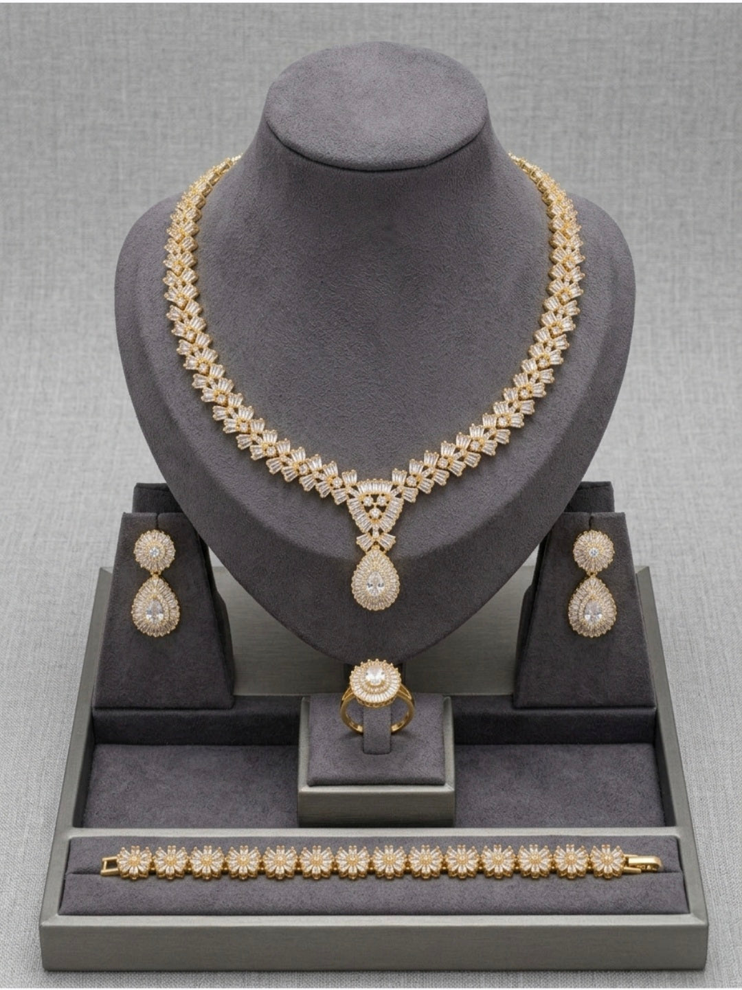 Luxury Cubic Zirconia Necklace Chain Set Gold Sparkling Baguette 4IN1 Bridal