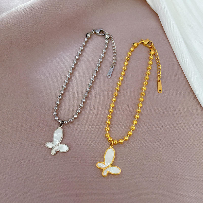 Gold Plated Stainless Steel Beaded Butterfly Charm Bracelet for Women, Adjustable Dainty Bead Chain Bracelet, Elegant Butterfly Pendant Jewelry for Everyday Wear, Gifts for Women (Free Shipping)