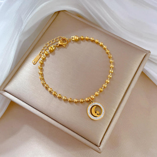 Gold Plated Stainless Steel Beaded Moon And Star Charm Bracelet for Women, Adjustable Dainty Bead Chain Bracelet, Elegant Butterfly Pendant Jewelry for Everyday Wear, Gifts for Women