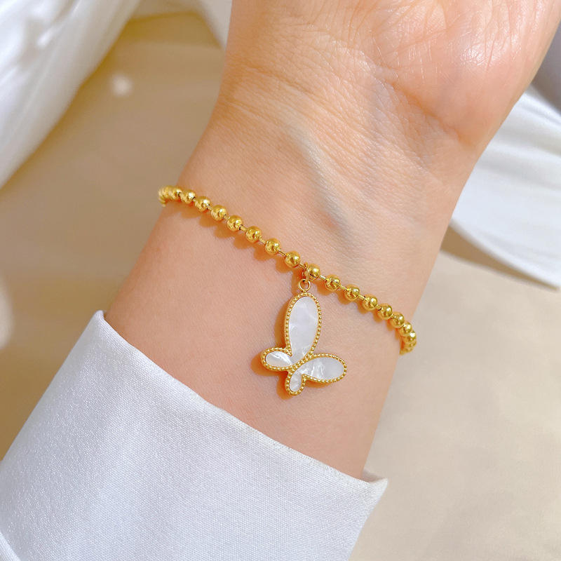 Gold Plated Stainless Steel Beaded Butterfly Charm Bracelet for Women, Adjustable Dainty Bead Chain Bracelet, Elegant Butterfly Pendant Jewelry for Everyday Wear, Gifts for Women (Free Shipping)