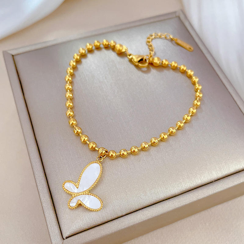 Gold Plated Stainless Steel Beaded Butterfly Charm Bracelet for Women, Adjustable Dainty Bead Chain Bracelet, Elegant Butterfly Pendant Jewelry for Everyday Wear, Gifts for Women (Free Shipping)
