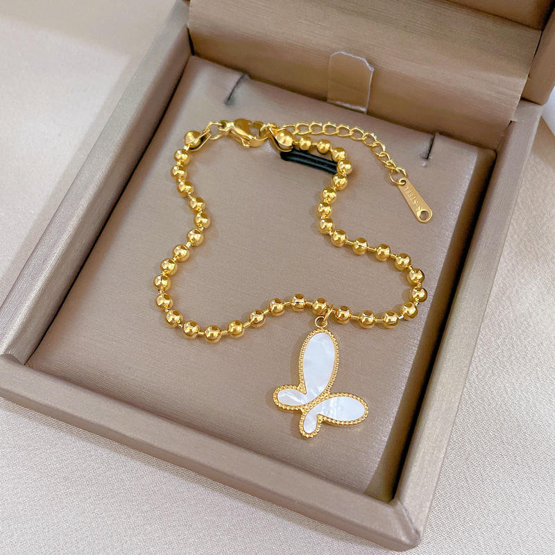 Gold Plated Stainless Steel Beaded Butterfly Charm Bracelet for Women, Adjustable Dainty Bead Chain Bracelet, Elegant Butterfly Pendant Jewelry for Everyday Wear, Gifts for Women (Free Shipping)