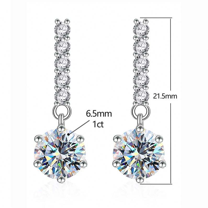 S925 6.5MM 2ct Diamond Moissanite Dangle Drop Earrings with GRA Certificate