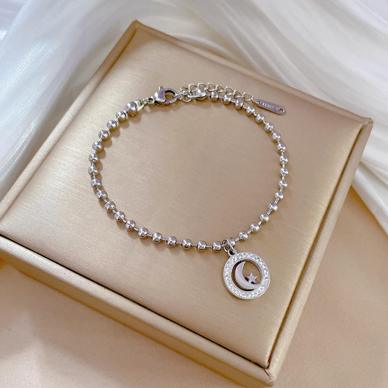 Gold Plated Stainless Steel Beaded Moon And Star Charm Bracelet for Women, Adjustable Dainty Bead Chain Bracelet, Elegant Butterfly Pendant Jewelry for Everyday Wear, Gifts for Women