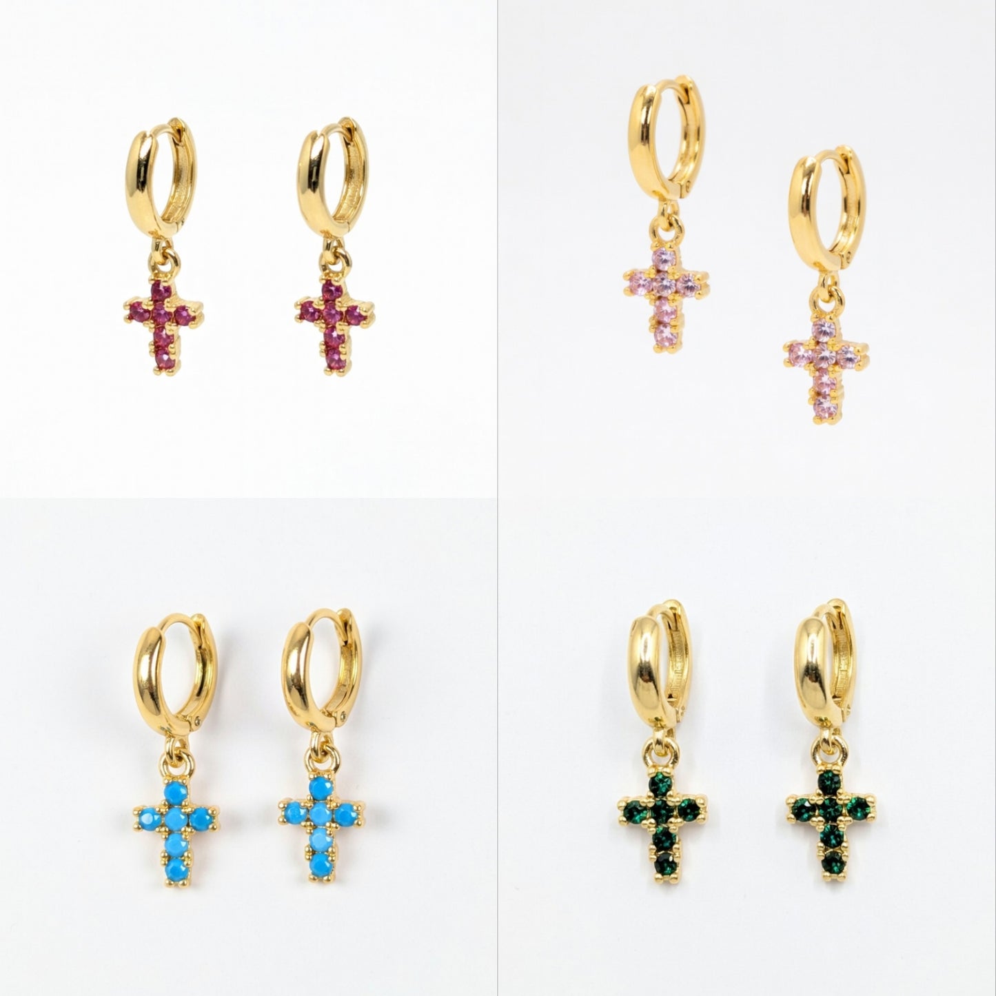 Dainty Cross Huggie Hoop Earrings for Women – 14K Gold Plated Boho Religious Dangle Earrings – Tiny Turquoise Stone Cross Charms for Cartilage and Lobe – Minimalist Spiritual Jewelry Gift