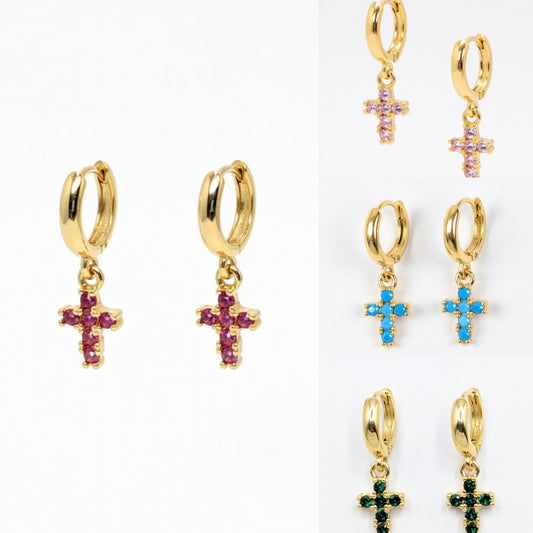 Dainty Cross Huggie Hoop Earrings for Women – 14K Gold Plated Boho Religious Dangle Earrings – Tiny Turquoise Stone Cross Charms for Cartilage and Lobe – Minimalist Spiritual Jewelry Gift