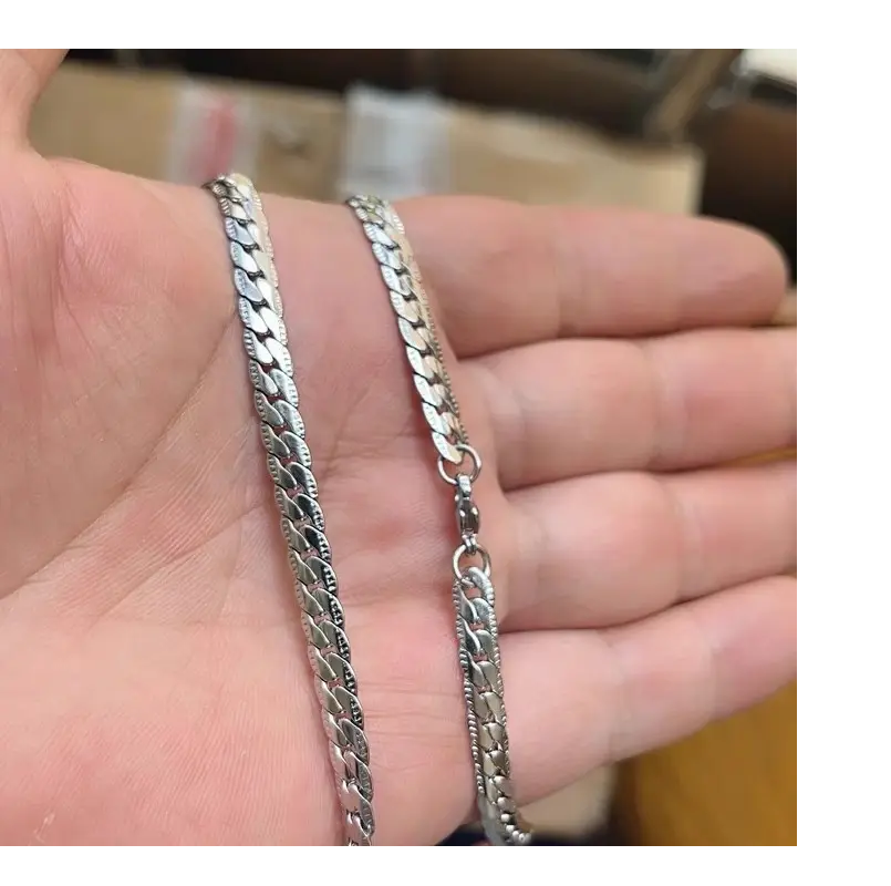 Silver Tone Cuban Link Chain Necklace for Men and Women – Stainless Steel Flat Curb Chain, Classic Unisex Jewelry Embossed Non-Tarnish Waterproof