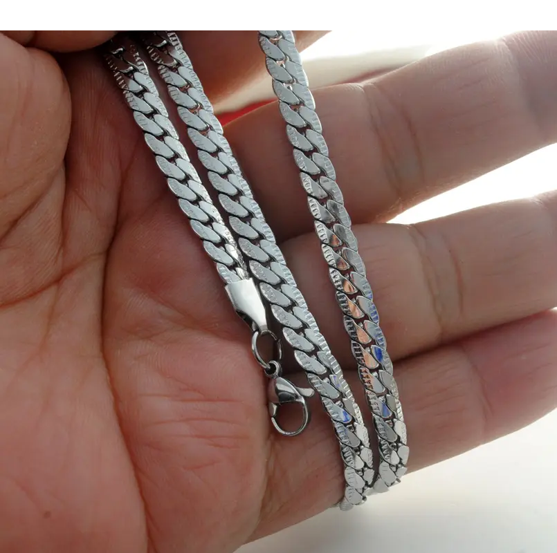 Silver Tone Cuban Link Chain Necklace for Men and Women – Stainless Steel Flat Curb Chain, Classic Unisex Jewelry Embossed Non-Tarnish Waterproof