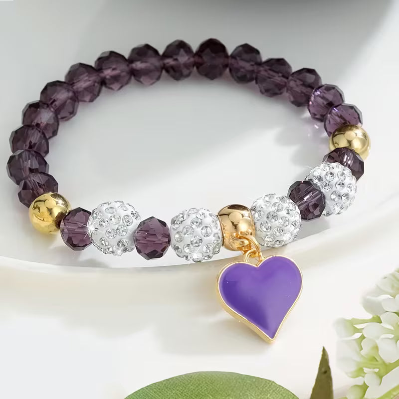 Crystal Beaded Heart Charm Bracelet for Women & Girls – Vibrant Red Faceted Beads with Sparkly Pavé Disco Balls – Romantic Stretch Bracelet for Valentine's Day, Birthdays, and Anniversaries