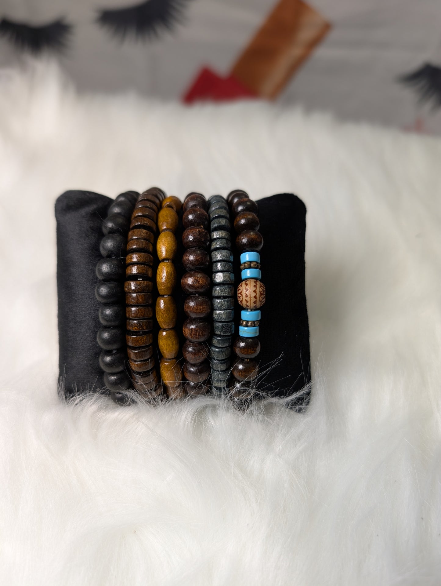 Vintage Style Wooden Bead Bracelet Set - Boho Tribal Stackable Set of 6