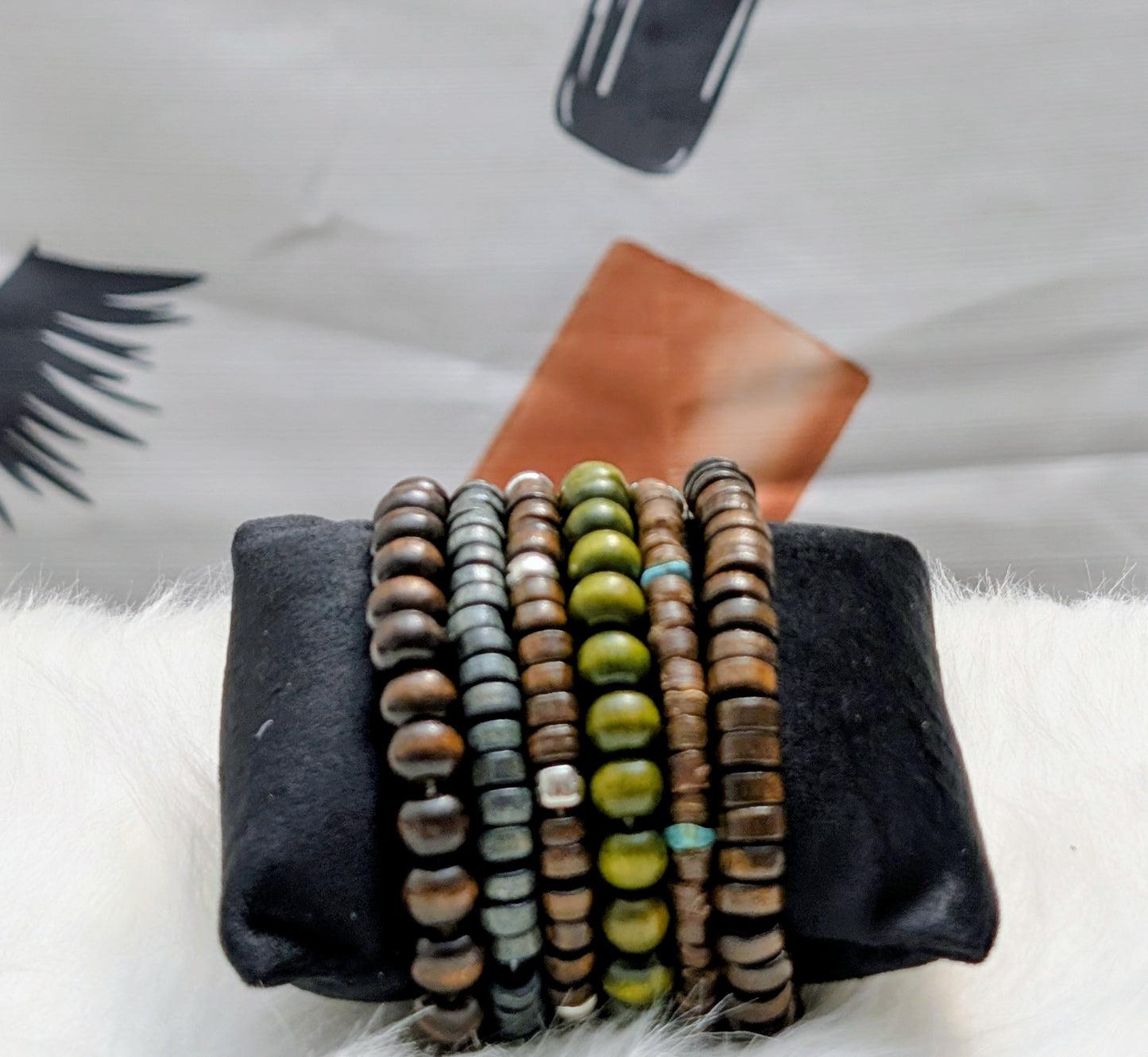 003 Vintage Style Wooden Bead Bracelet Set - Boho Tribal Stackable Set of 6