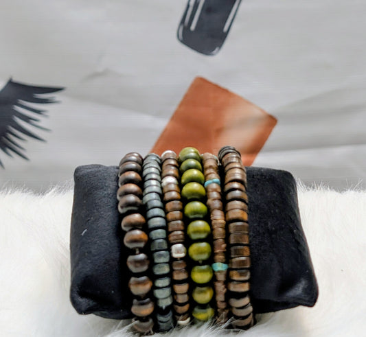 003 Vintage Style Wooden Bead Bracelet Set - Boho Tribal Stackable Set of 6