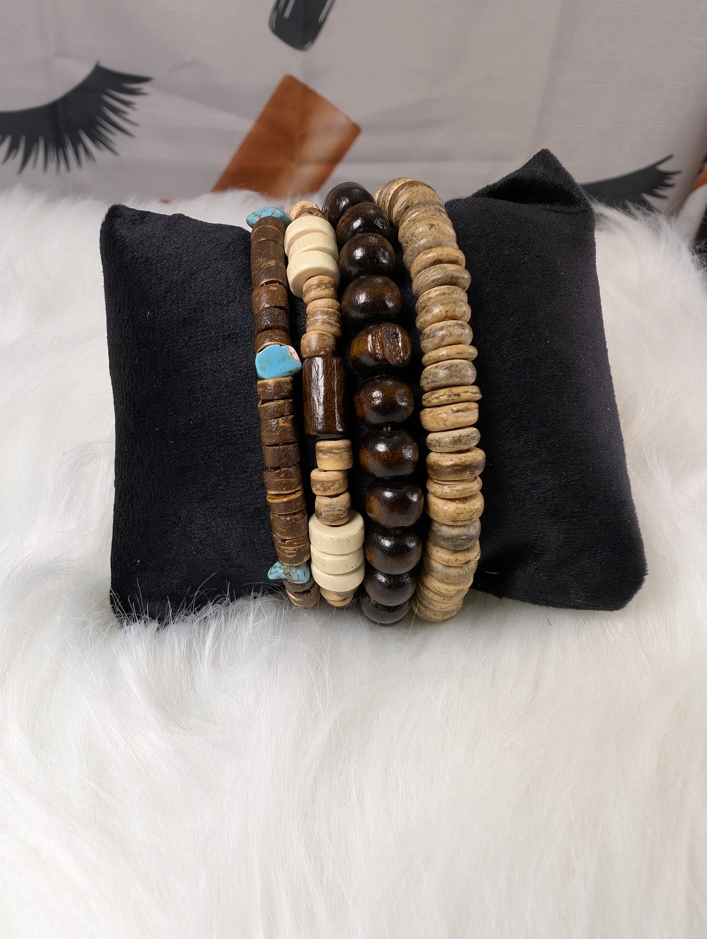 004 Vintage Style Wooden Bead Bracelet Set - Boho Tribal Stackable Set of 4