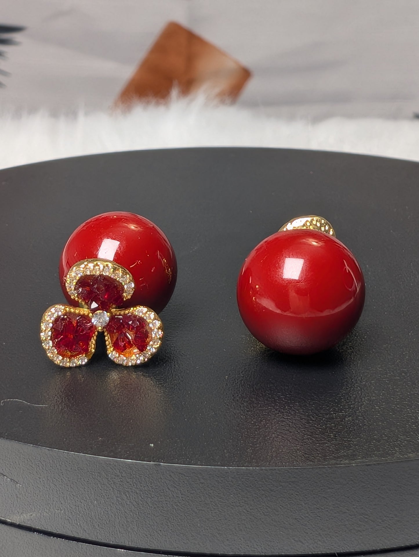 Double-Sided Red Pearl & Crystal Clover Stud Earrings for Women – Reversible Front Back Earrings with Red Gemstones, Elegant Statement Fashion Jewelry Gift